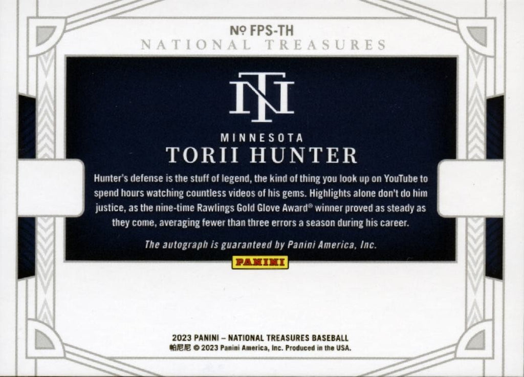 Torii Hunter 2023 National Treasures Field On Card Auto Autograph Twins 40/49