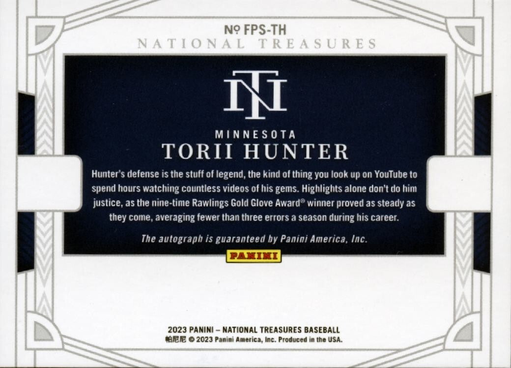 Torii Hunter 2023 National Treasures Field On Card Auto Autograph Twins 40/49