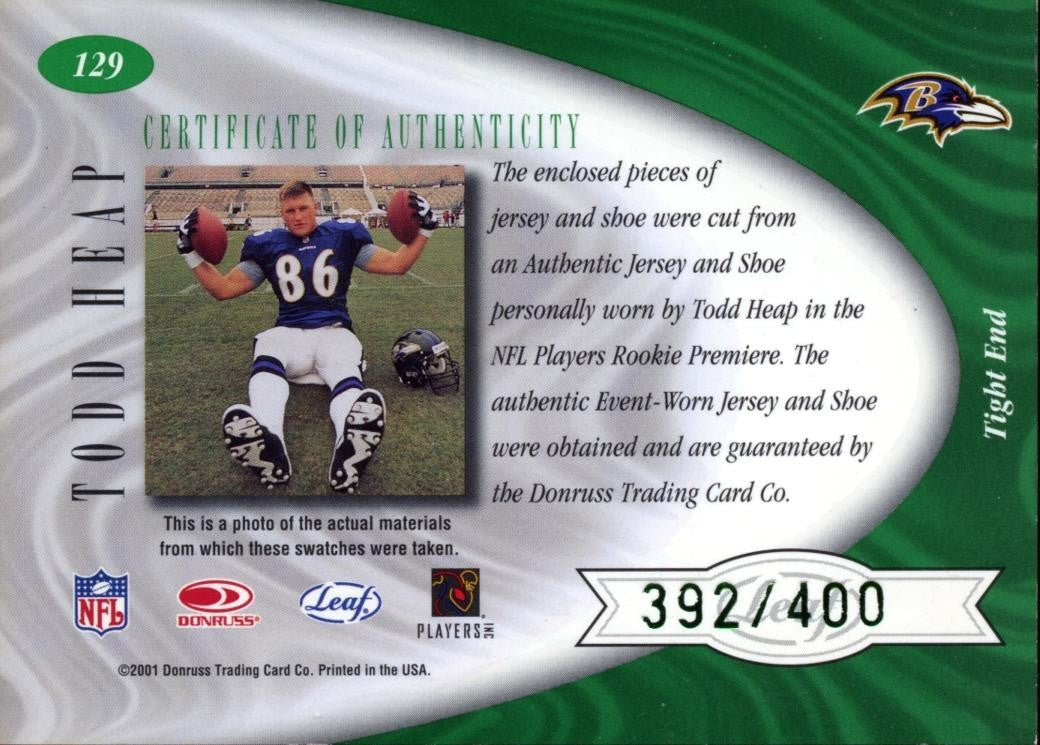 Todd Heap 2001 Leaf Certified Nike Swoosh Cleat Patch RC Baltimore Ravens /400