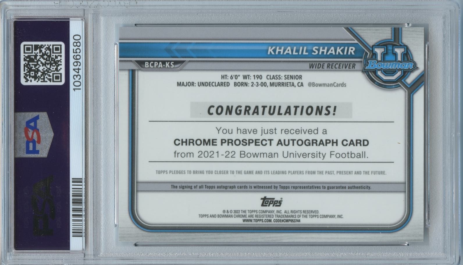 Khalil Shakir 2021 Bowman Chrome Auto Autograph RC Buffalo Bills 109/199 PSA 9