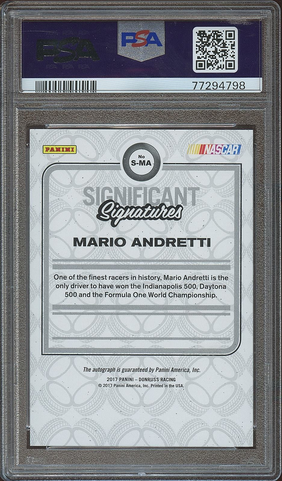 Mario Andretti 2017 Donruss Racing Auto Autograph Significant NASCAR PSA 10