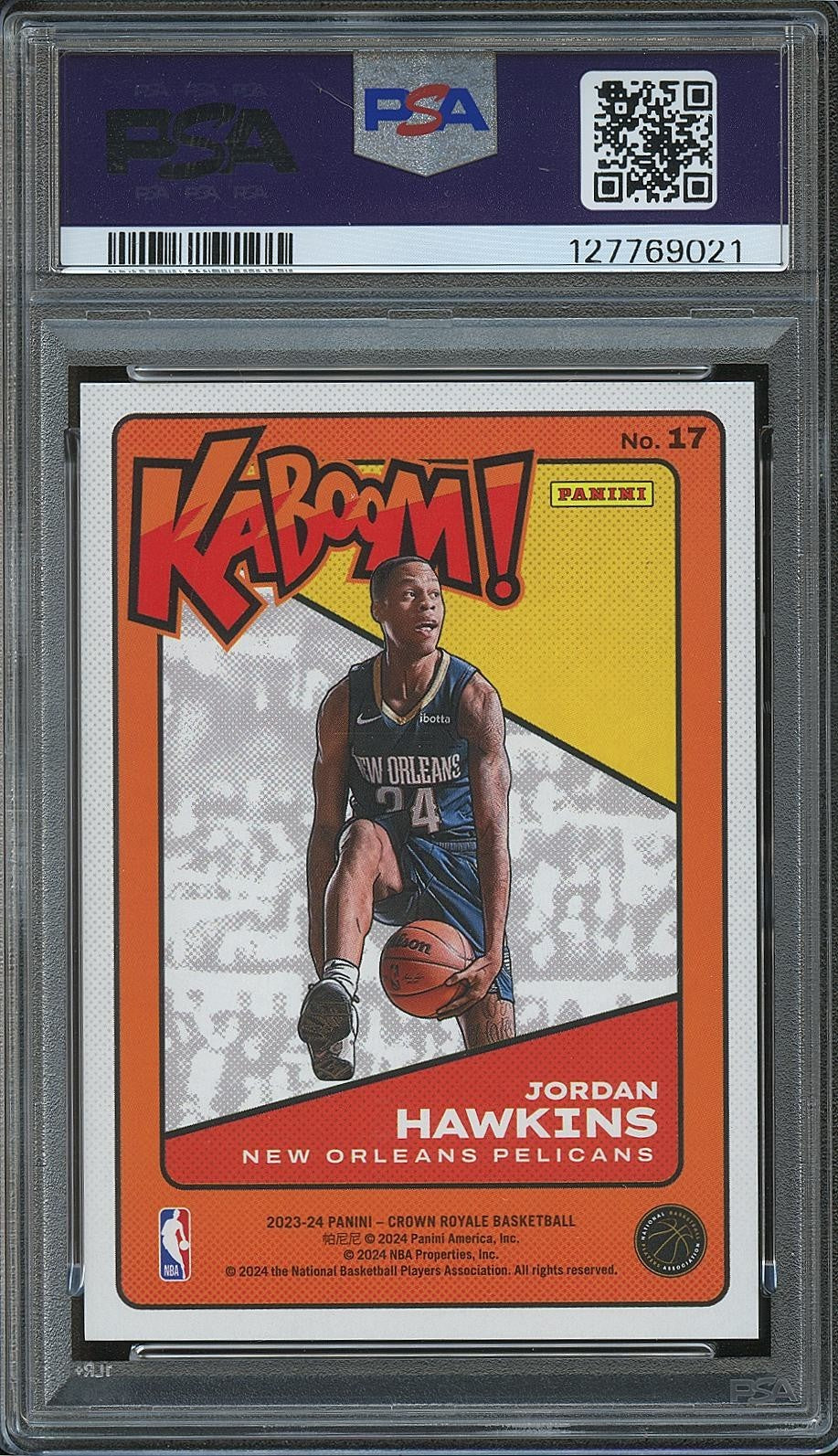 Jordan Hawkins 2023-24 Crown Royale KABOOM! Rookie SSP CASE HIT Pelicans PSA 7