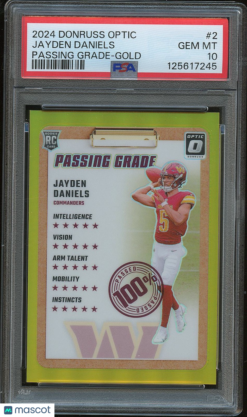 Jayden Daniels 2024 Optic Passing Grade GOLD Prizm RC Commanders 10/10 PSA 10