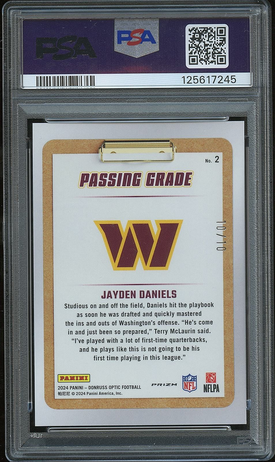 Jayden Daniels 2024 Optic Passing Grade GOLD Prizm RC Commanders 10/10 PSA 10
