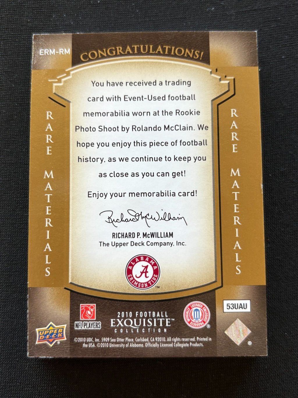 Ronaldo Mcclain 2010 Upper Deck Exquisite Rare Helmet Patch Alabama 15/60