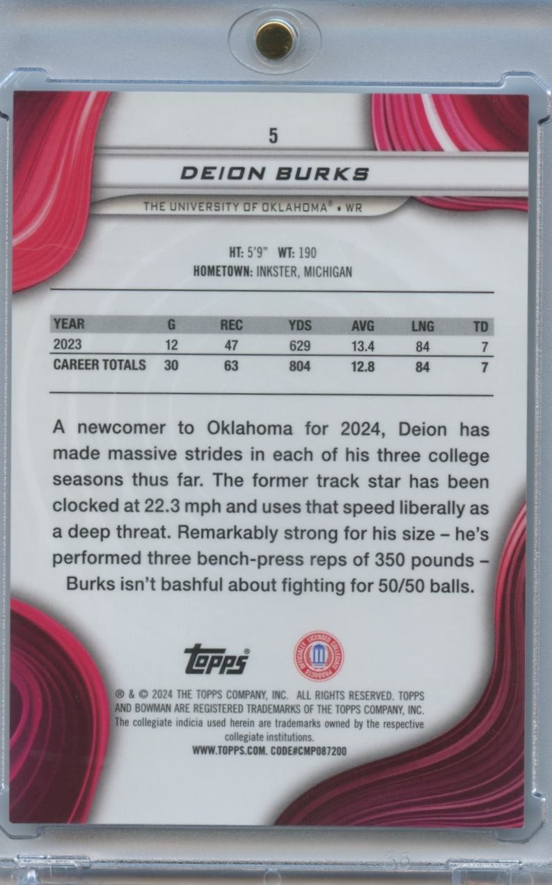 Deion Burks 2024 Bowman's Best SUPERFRACTOR Rookie RC 1/1 Oklahoma Sooners