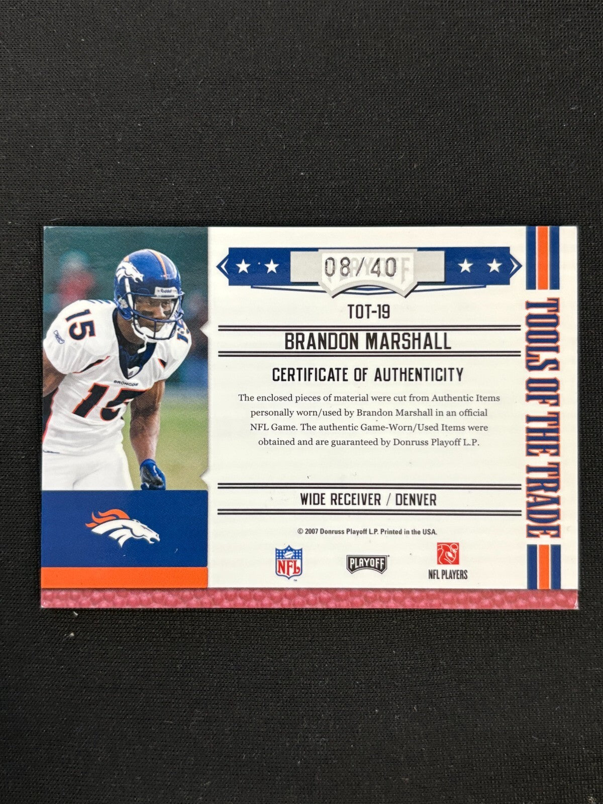 Brandon Marshall 2007 Absolute Game Worn Logo Patch Denver Broncos 8/40