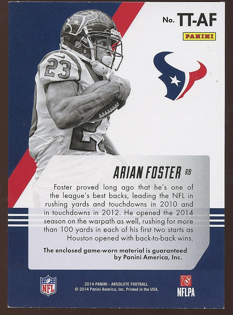 Arian Foster 2014 Absolute Tools Game Worn Patch Houston Texans 10/15