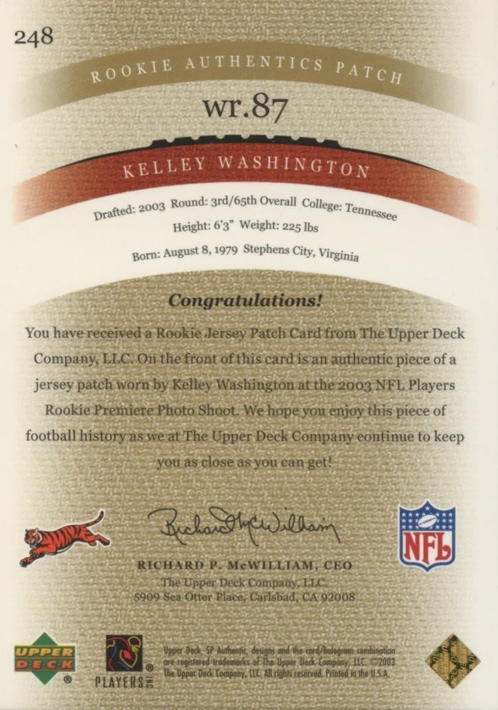 Kelley Washington 2003 SP Authentic Gold LOGO Patch Cincinnati Bengals 4/25