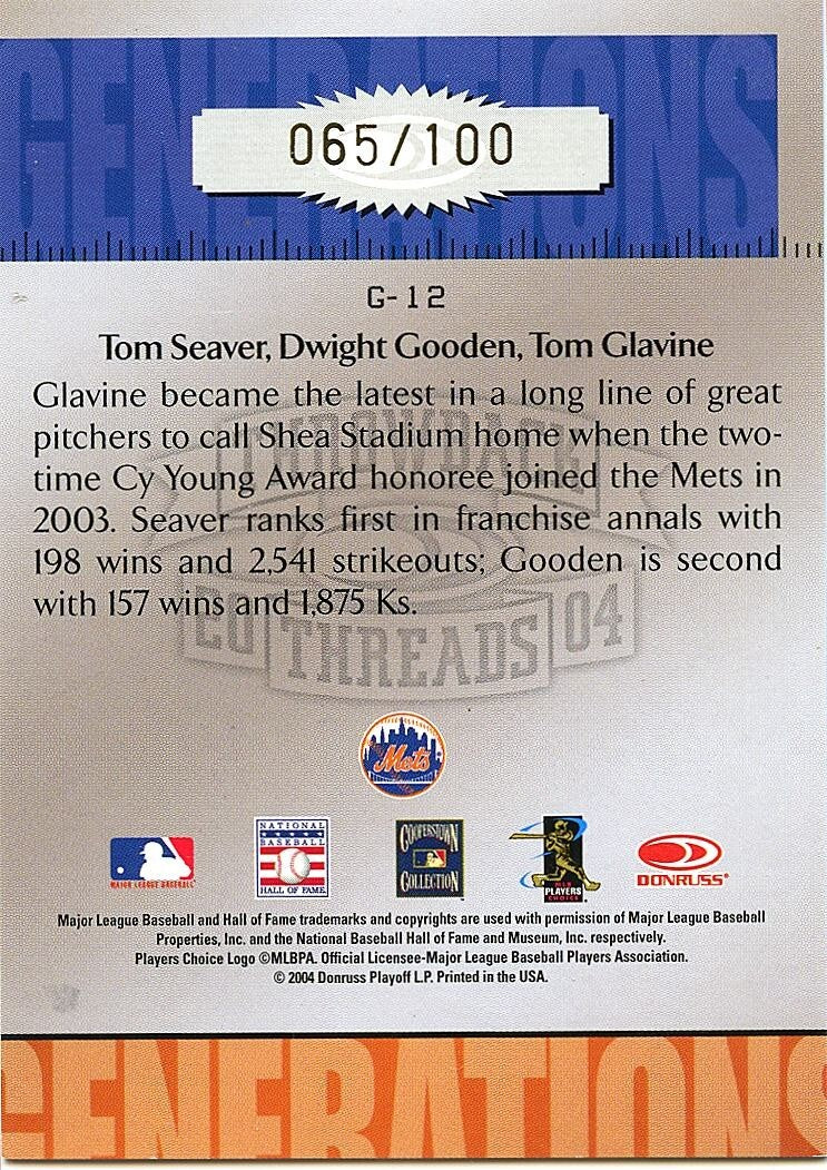 Tom Seaver / Gooden / Tom Glavine 2004 Donruss Generations GOLD NY Mets 65/100