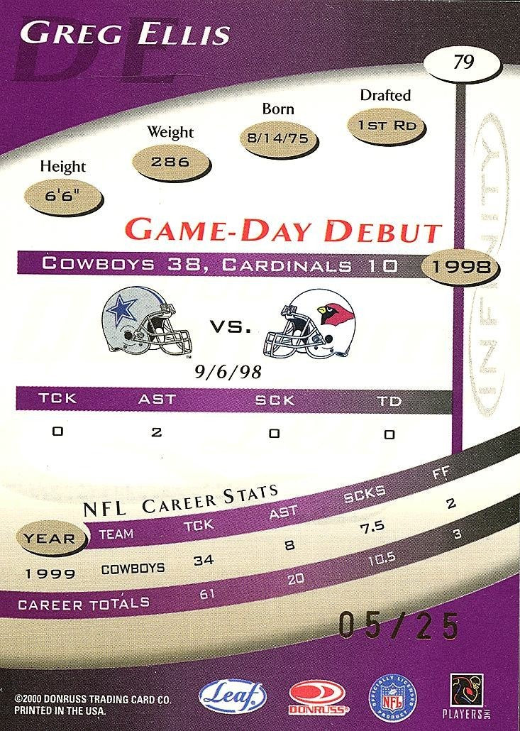 Greg Ellis 2000 Quantum Leaf Infinity Purple Dallas Cowboys 5/25 #79