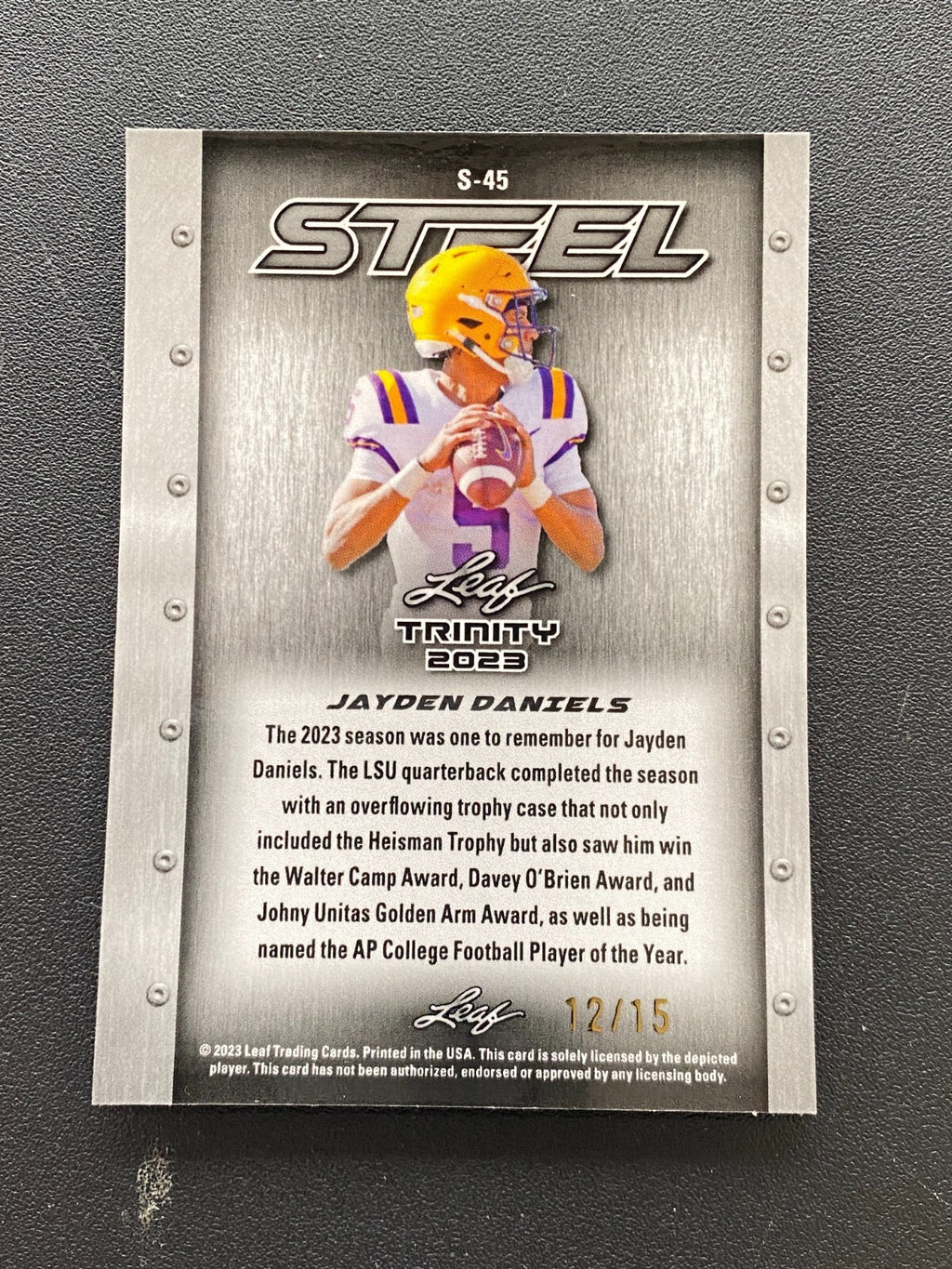 Jayden Daniels 2023 Leaf Trinity Steel Rookie RC LSU Tigers Commanders 12/15