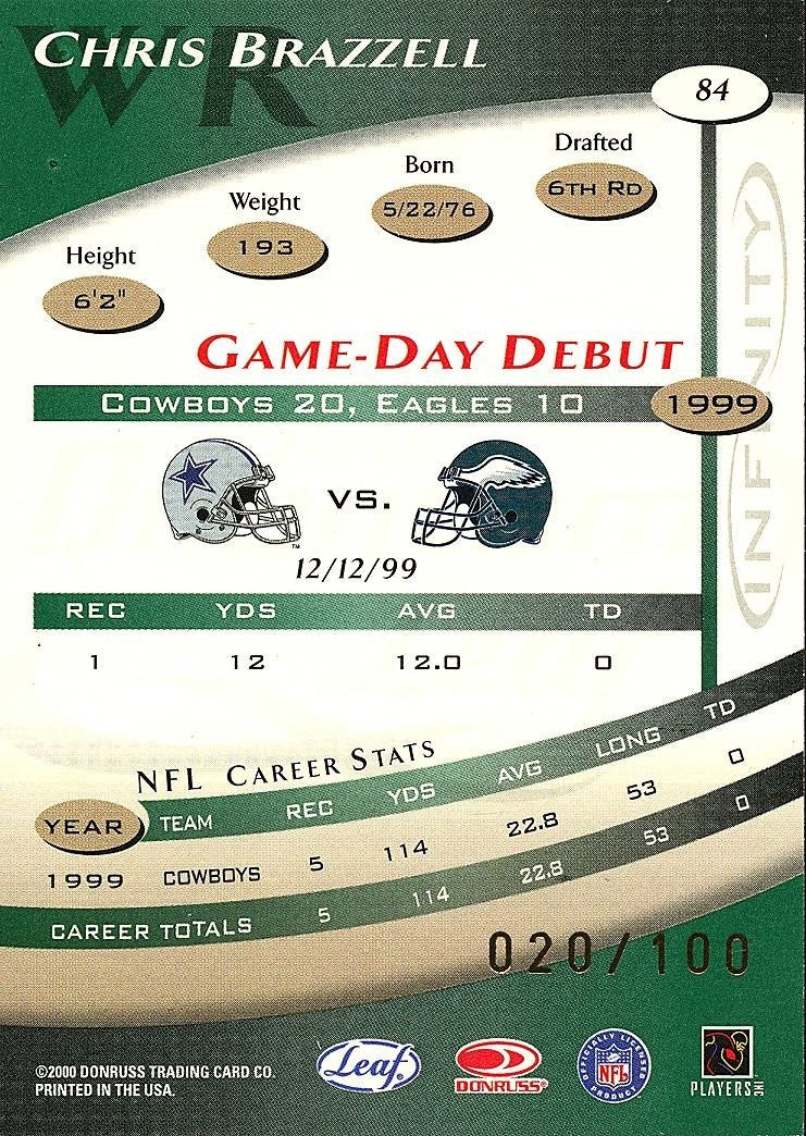 Chris Brazzell 2000 Quantum Leaf Infinity Green Dallas Cowboys 20/100 #84