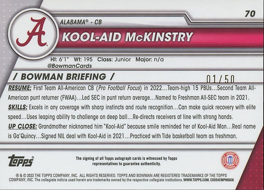 Kool-Aid Mckinstry 2023 Bowman Chrome GOLD Autograph JERSEY NUMBER Alabama 1/50
