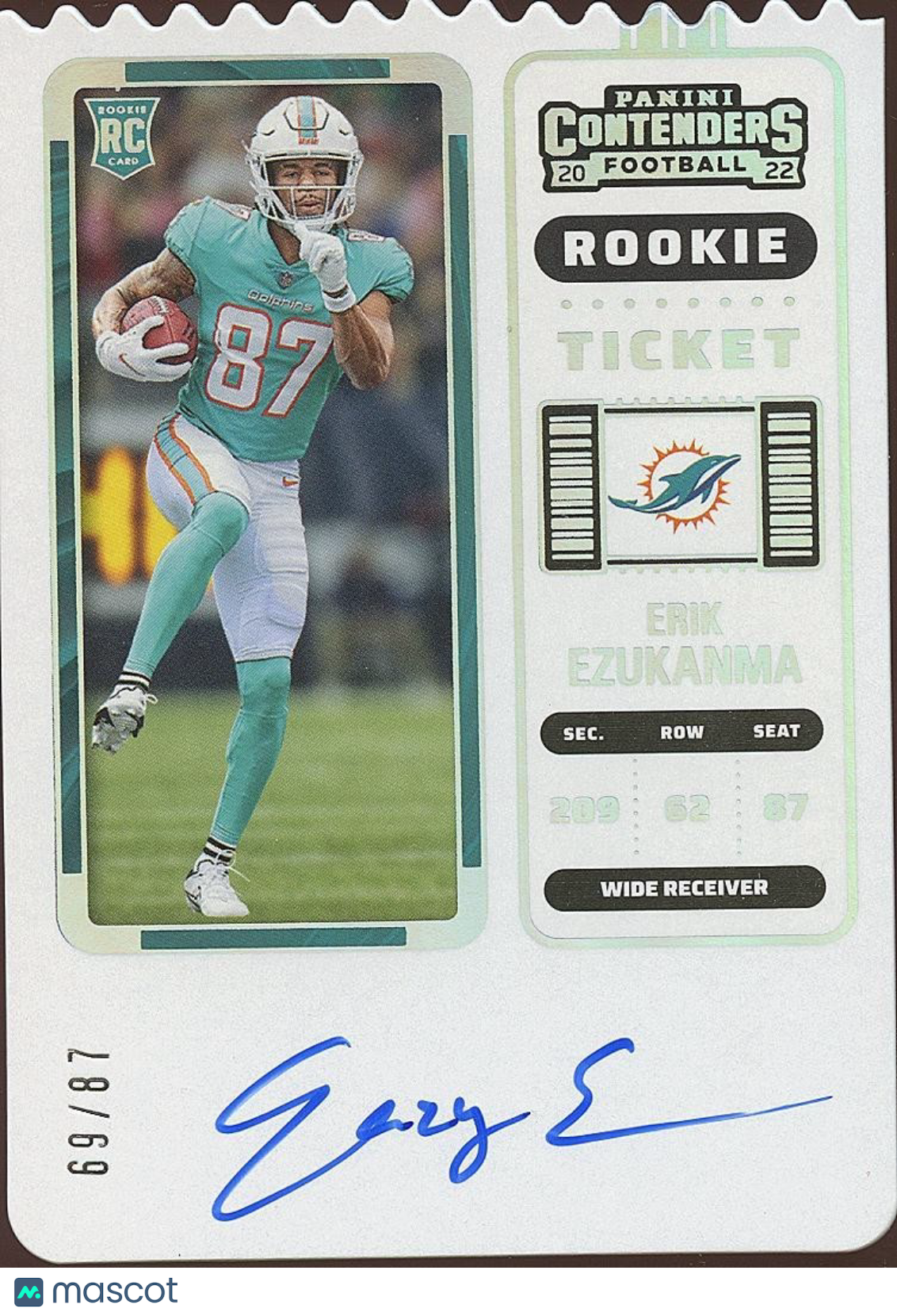 Erik Ezukanma 2022 Contenders Ticket Stub Auto Autograph RC Miami Dolphins 69/87