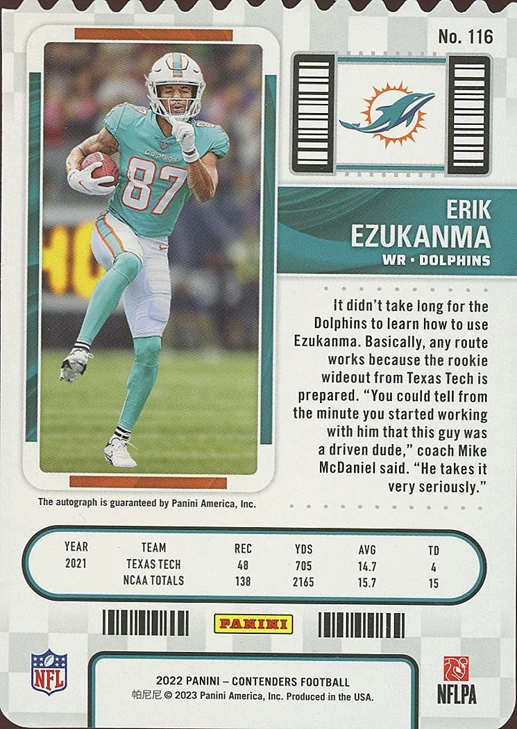 Erik Ezukanma 2022 Contenders Ticket Stub Auto Autograph RC Miami Dolphins 69/87