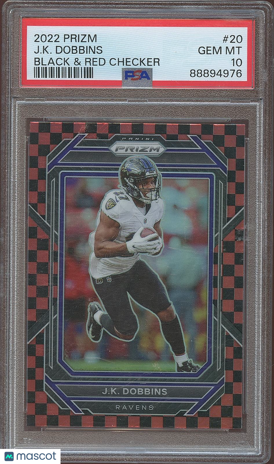 J.K. Dobbins 2022 Prizm Black & Red Checker Prizm SSP Ravens Chargers PSA 10