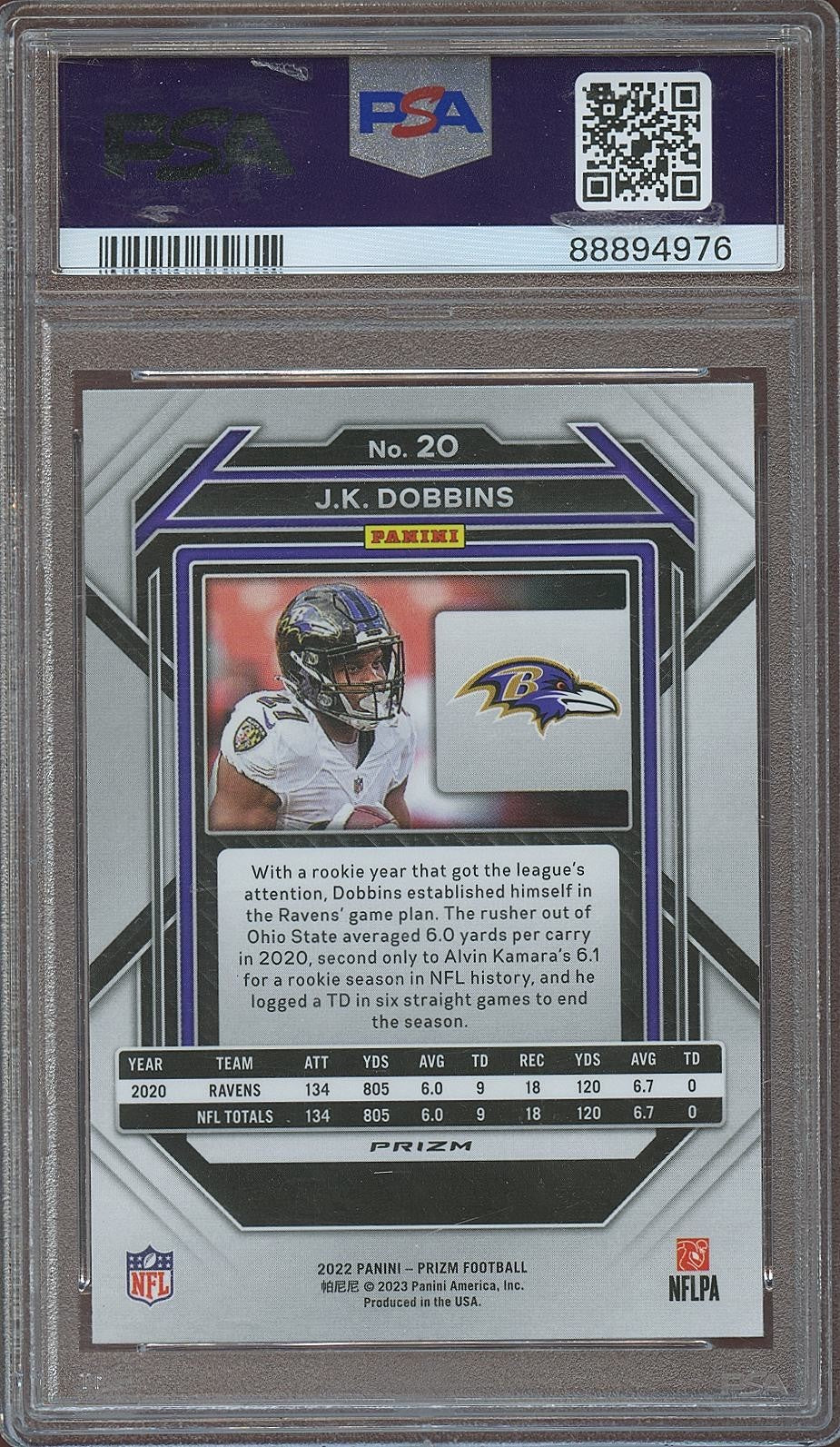 J.K. Dobbins 2022 Prizm Black & Red Checker Prizm SSP Ravens Chargers PSA 10