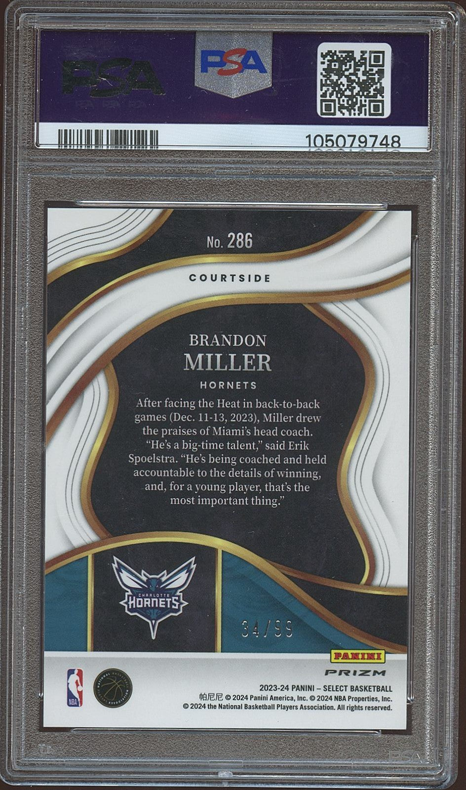 Brandon Miller 2023-24 Select Courtisde Light Blue Prizm RC 34/99 Hornets PSA 9