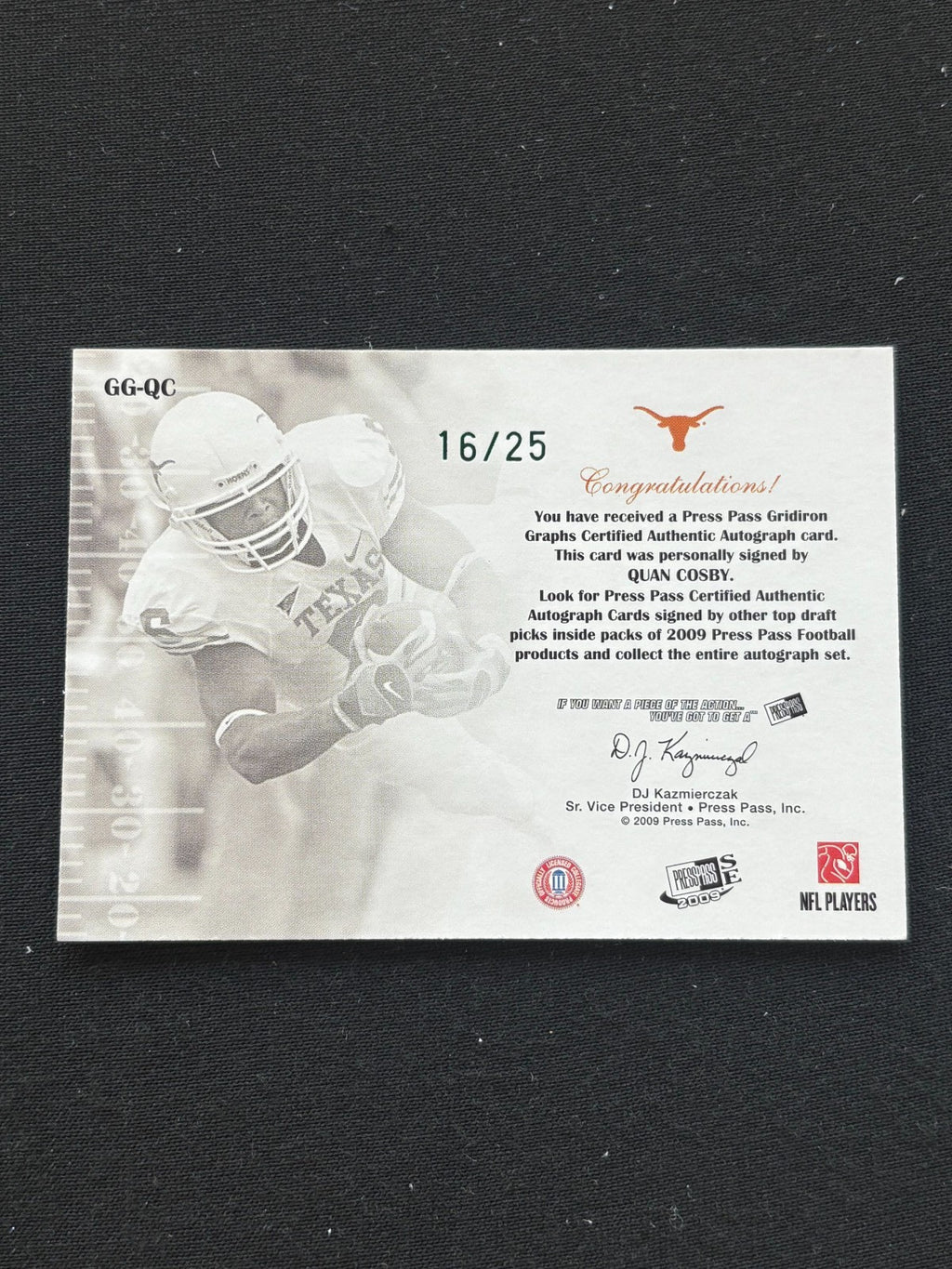 Quan Cosby 2009 Press Pass On Card Auto Autograph RC Texas Longhorns 16/25
