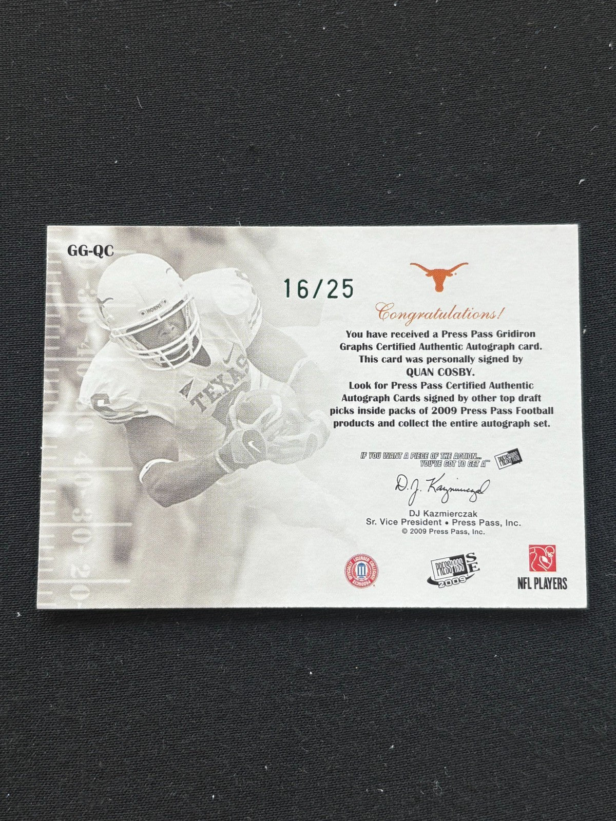Quan Cosby 2009 Press Pass On Card Auto Autograph RC Texas Longhorns 16/25