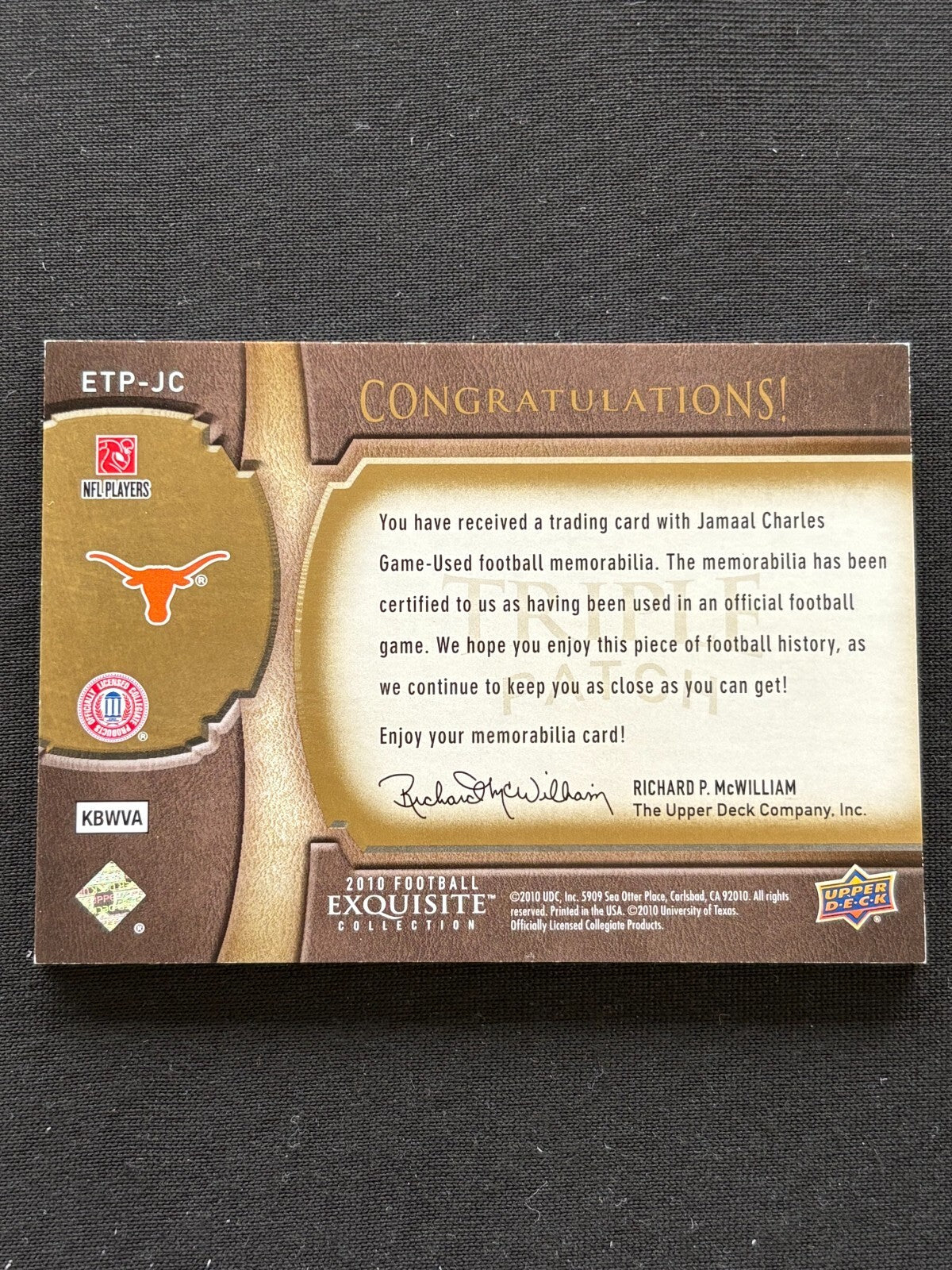Jamaal Charles 2010 Upper Deck Exquisite Game Worn Patch Longhorns Chiefs 13/75