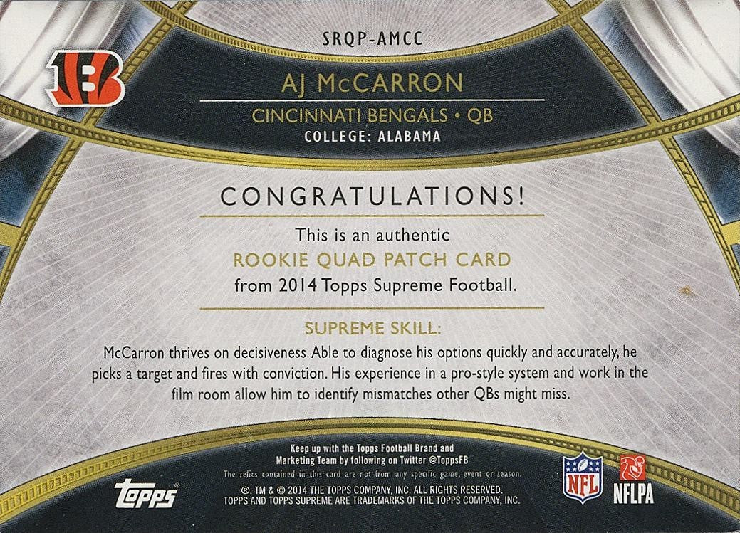 AJ Mccarron 2014 Topps Supreme Nike Swoosh Patch RC SSP Cincinnati Bengals 4/15
