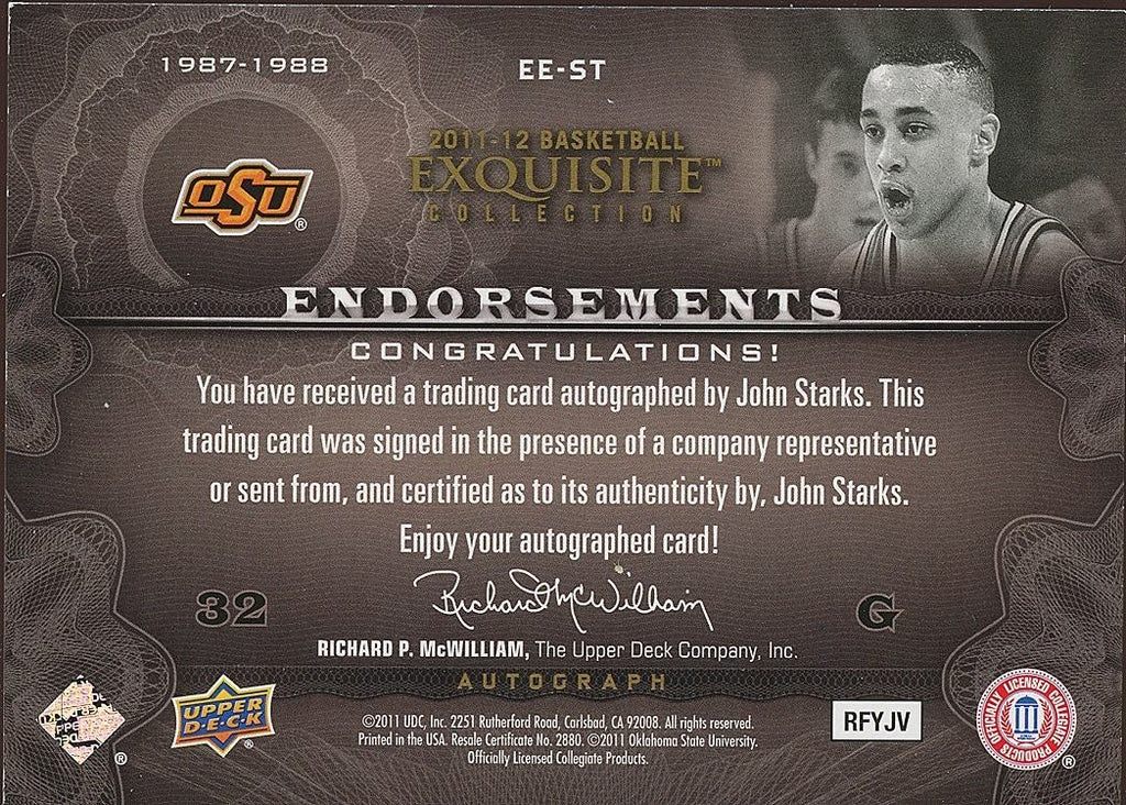 John Starks 2011-12 Upper Deck Exquisite Auto Autograph OSU Oklahoma State 28/50