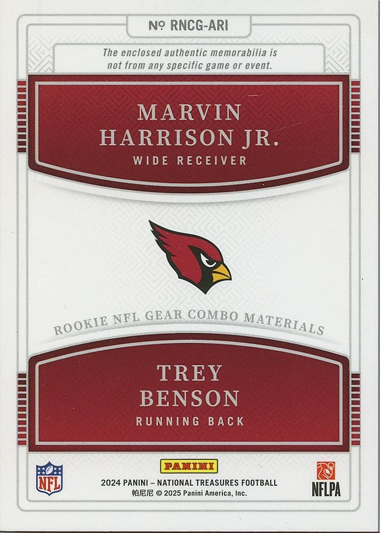 Marvin Harrison / Trey Benson 2024 National Treasures Dual Patch Cardinals 8/10