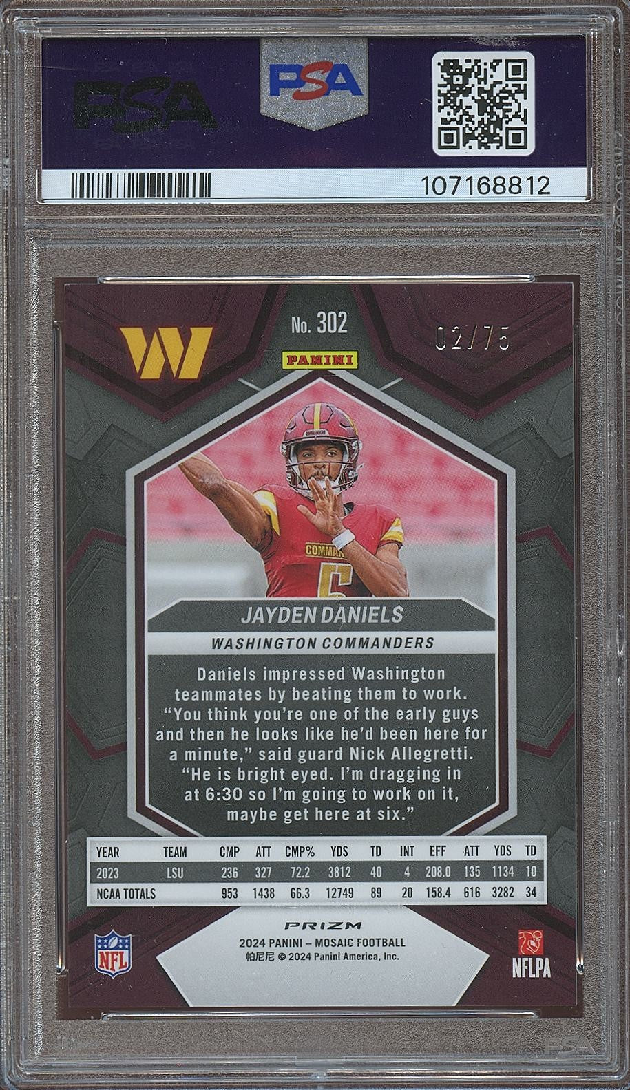 Jayden Daniels 2024 Mosaic No Huddle Blue Rookie RC Commanders 2/75 PSA 9
