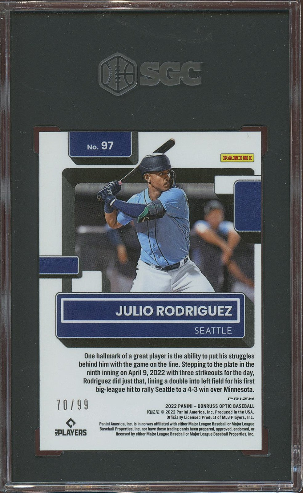 Julio Rodriguez 2022 Optic Rated Rookie Purple Pandora RC Mariners 70/99 SGC 9.5