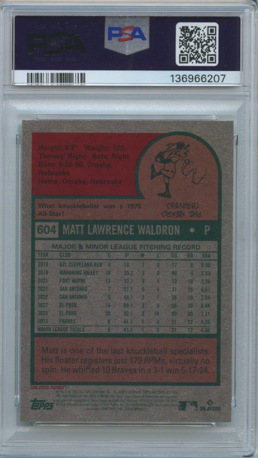 Matt Waldron 2024 Topps Heritage SUPERFRACTOR Rookie RC 1/1 Padres PSA 10