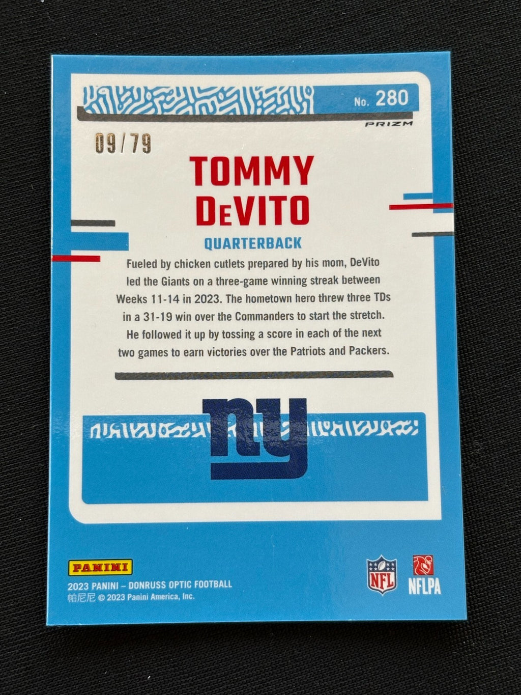 Tommy Devito 2023 Optic Rated Rookie Pink Velocity RC New York Giants 9/79 #280
