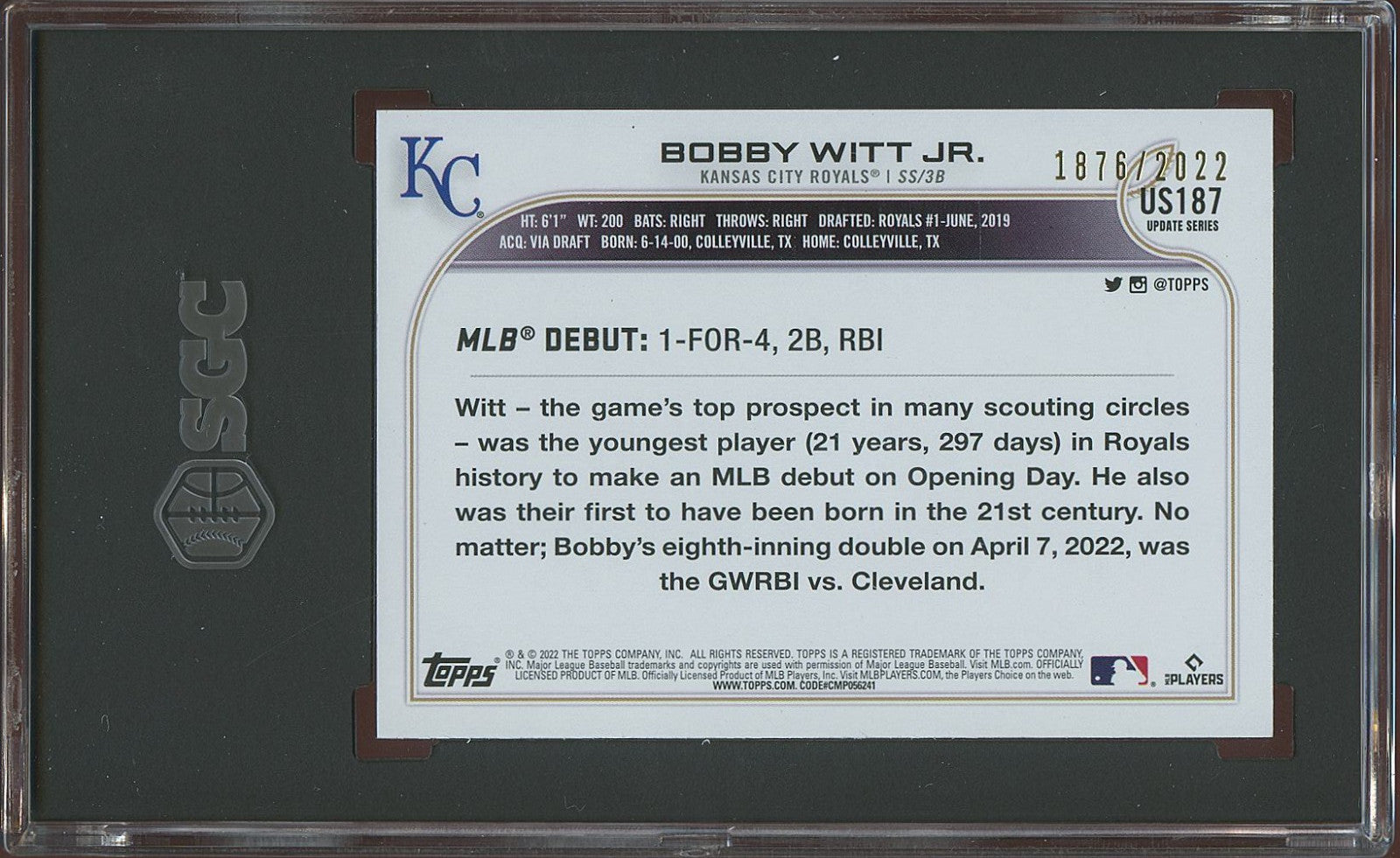 Bobby Witt Jr. 2022 Topps GOLD Rookie Debut RC KC Royals 1876/2022 SGC 8