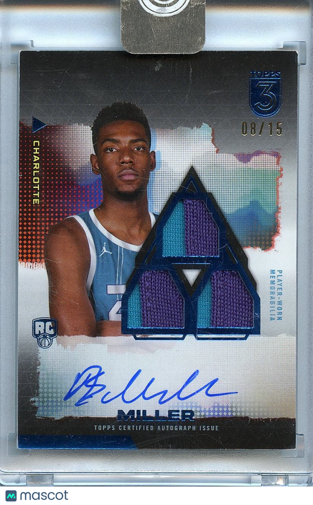 Brandon Miller 2023-24 Topps 3 On Card Auto Autograph Patch RC Hornets 8/15