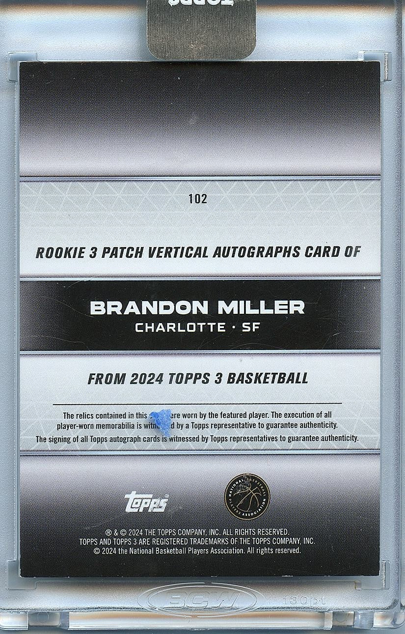 Brandon Miller 2023-24 Topps 3 On Card Auto Autograph Patch RC Hornets 8/15