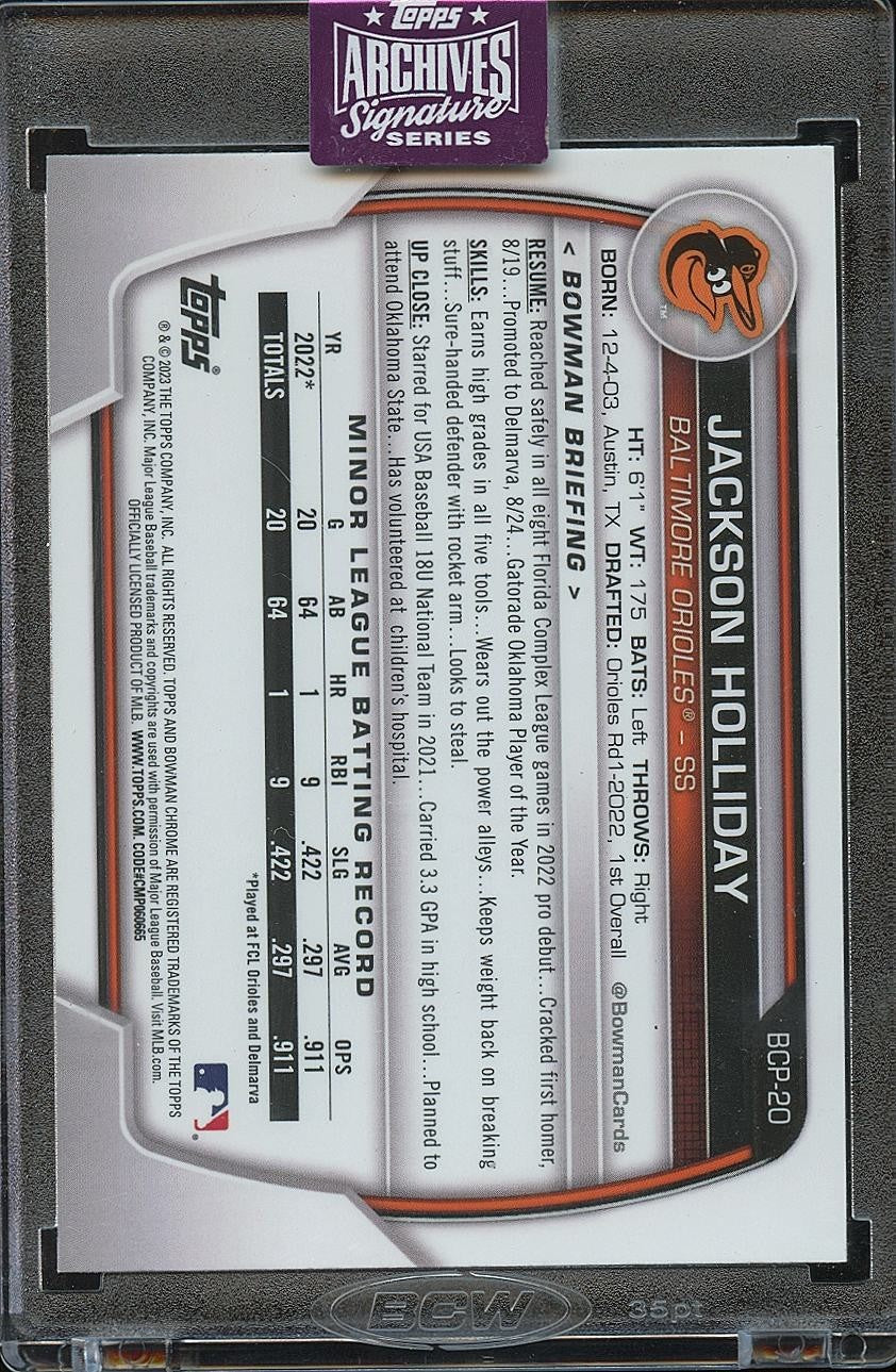 Jackson Holliday 2025 Archives Bowman Chrome Auto Autograph RC Orioles 20/50