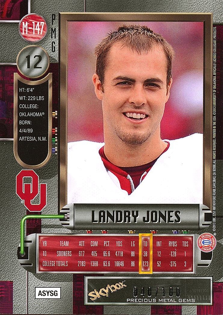 Landry Jones 2013 Fleer Retro RED PMG Precious Metal Gems Oklahoma Sooners /100