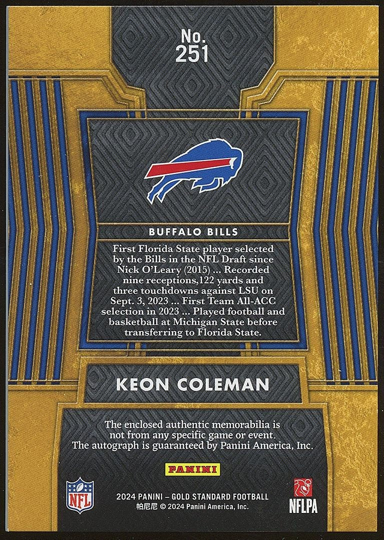Keon Coleman 2024 Gold Standard Auto Autograph Patch RC Buffalo Bills 10/149