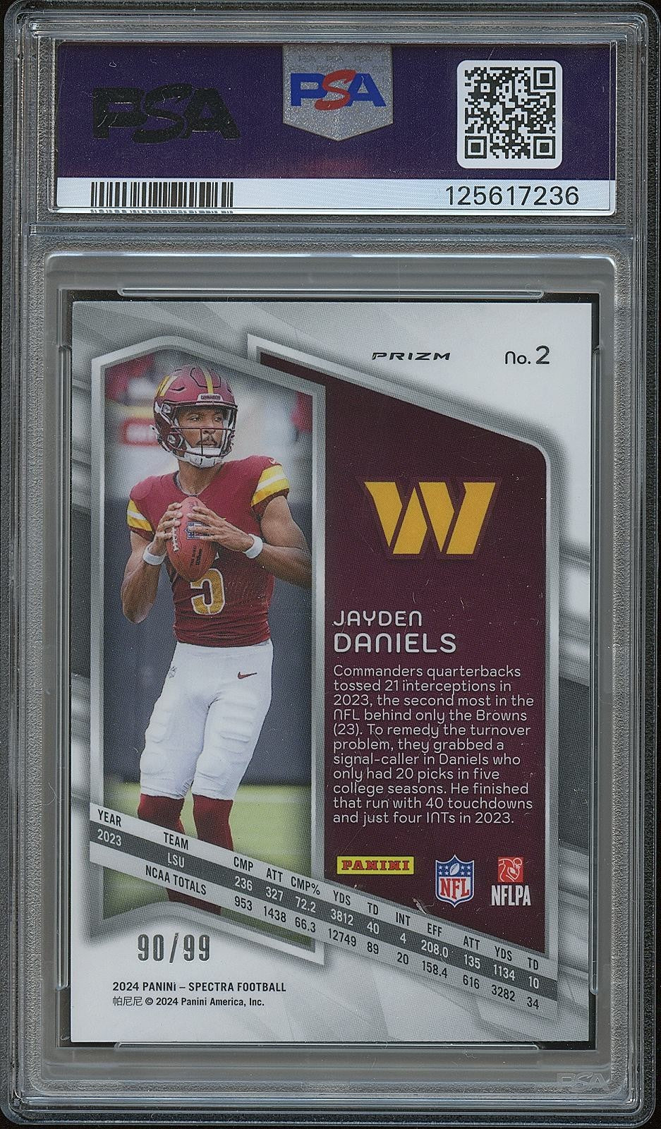 Jayden Daniels 2024 Spectra Celestial Prizm Rookie RC Commanders 90/99 PSA 9
