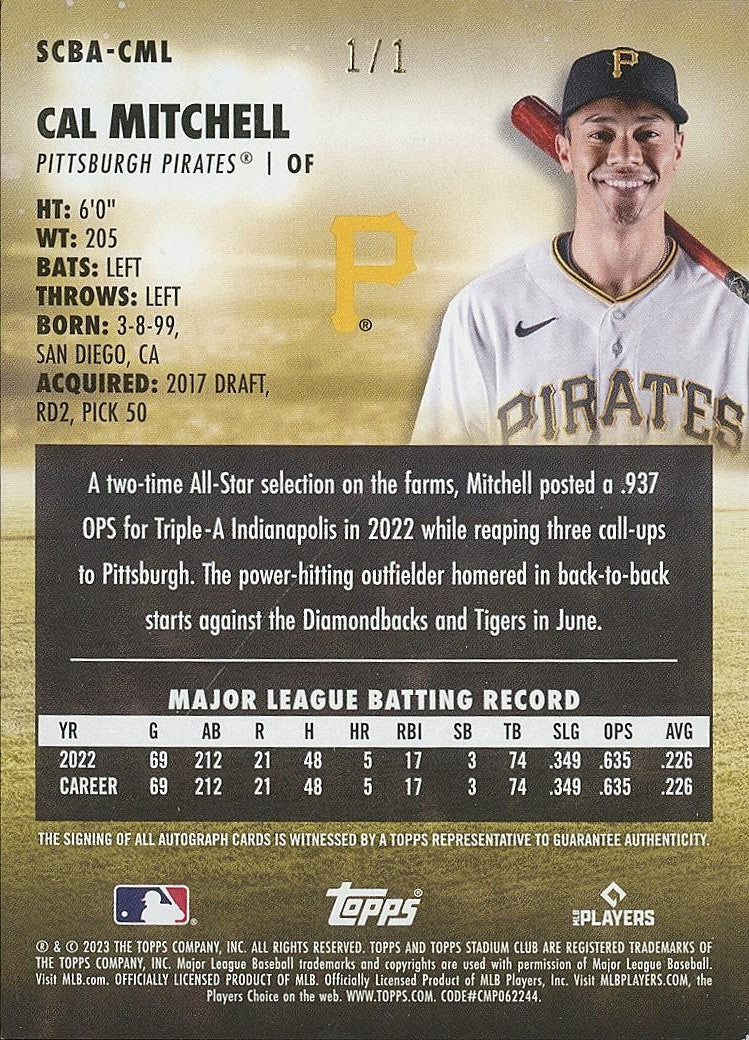 Cal Mitchell 2023 Stadium Club Auto Autograph RC 1/1 One of One Pirates