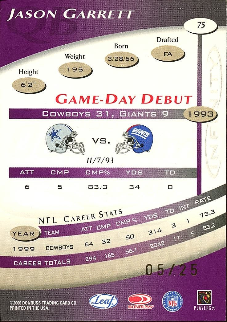 Jason Garrett 2000 Quantum Leaf Infinity Purple Dallas Cowboys 5/25 #75