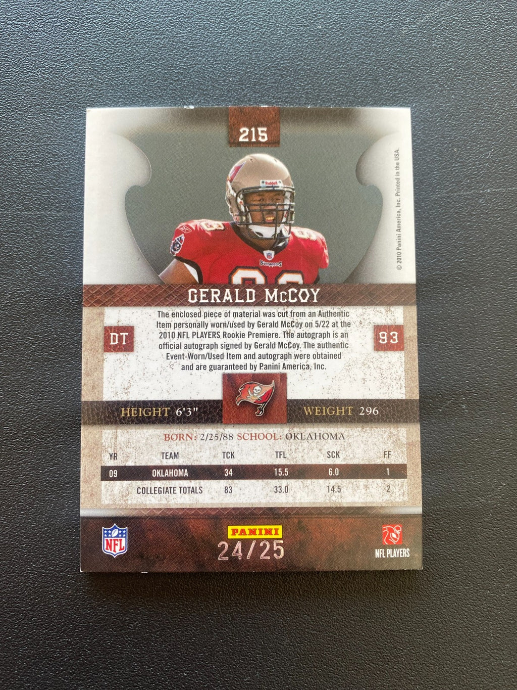 Gerald Mccoy 2010 Plates & Patches Auto Autograph Patch RC Buccaneers 24/25