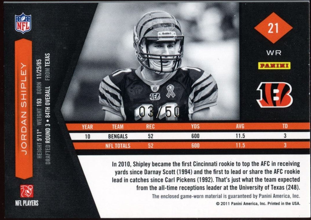 Jordan Shipley 2011 Limited 2 Color Game Worn Patch Bengals Texas Longhorns 3/50