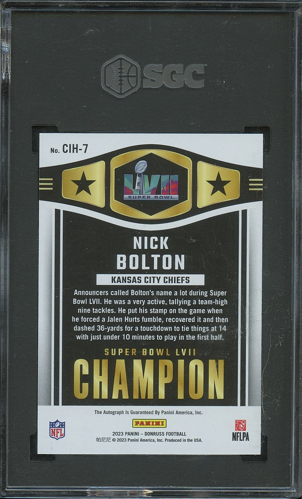 Nick Bolton 2023 Donruss Champ Is Here Auto Autograph KC Chiefs SGC 67/299 9.5