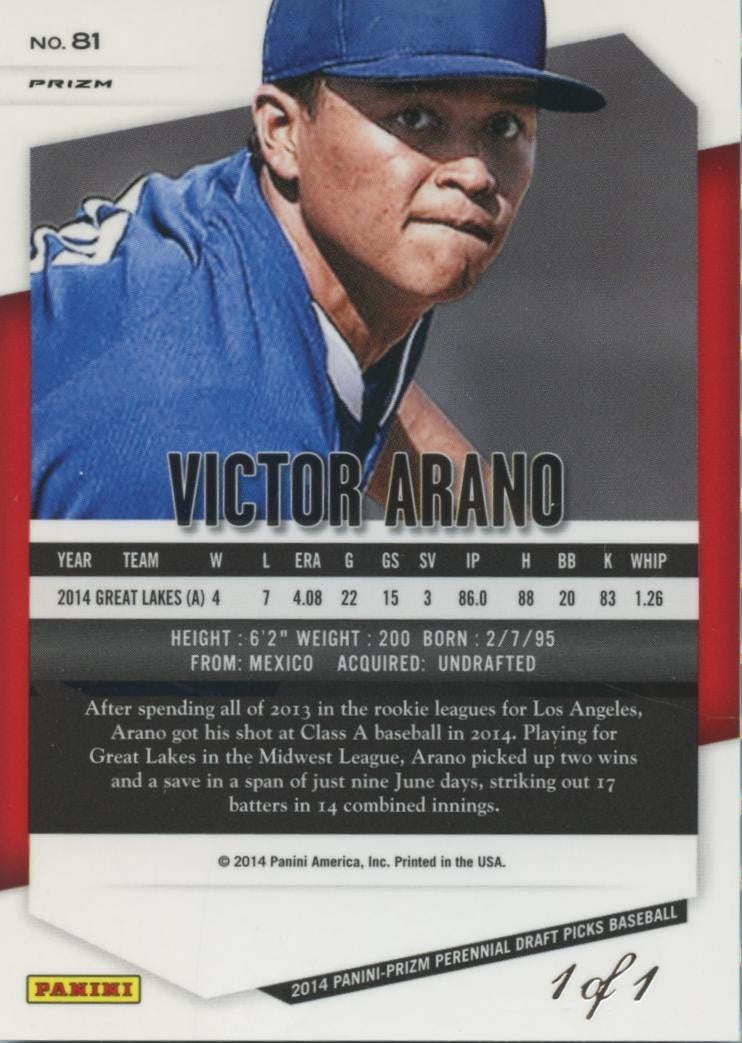 Victor Arano 2014 Prizm Draft Black Finite Prizm Rookie Los Angeles Dodgers 1/1