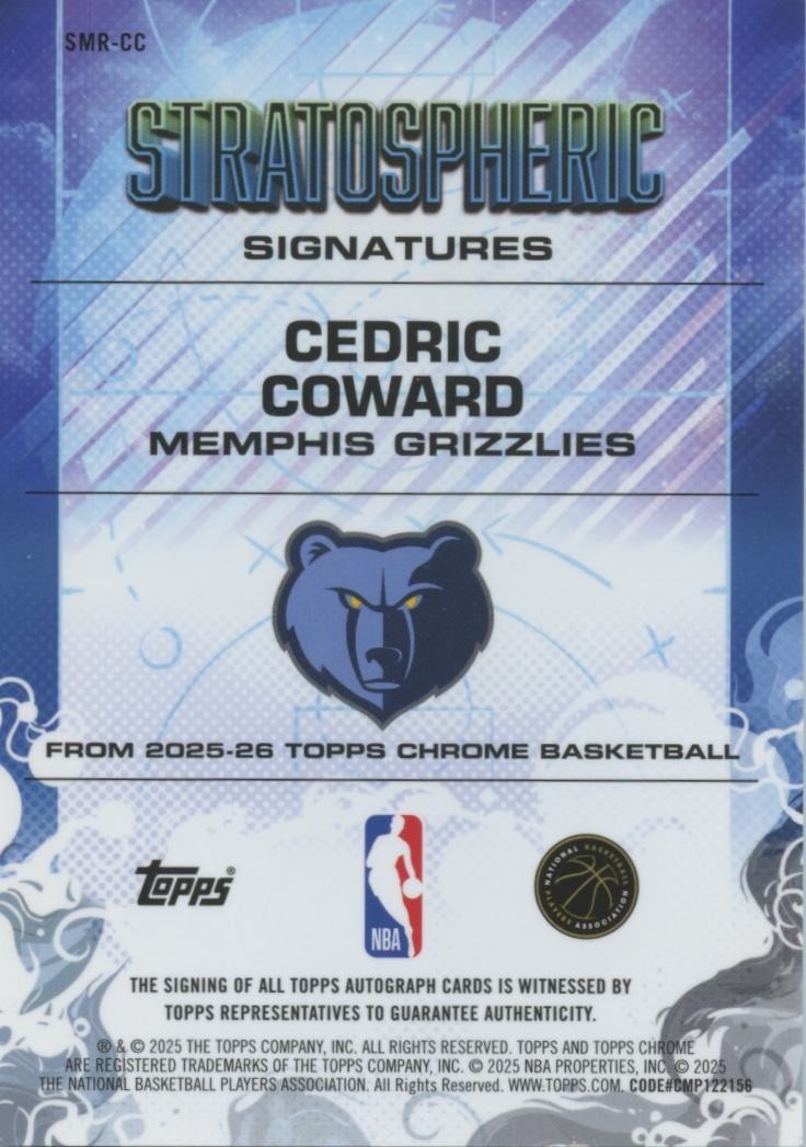 Cedric Coward 2025-26 Topps Chrome Black Auto Autograph RC Rookie Grizlies 7/10