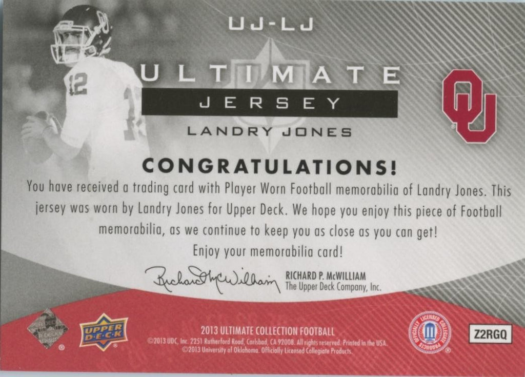 Landry Jones 2013 Ultimate Jersey Patch JERSEY NUMBER RC OU Sooners 12/50
