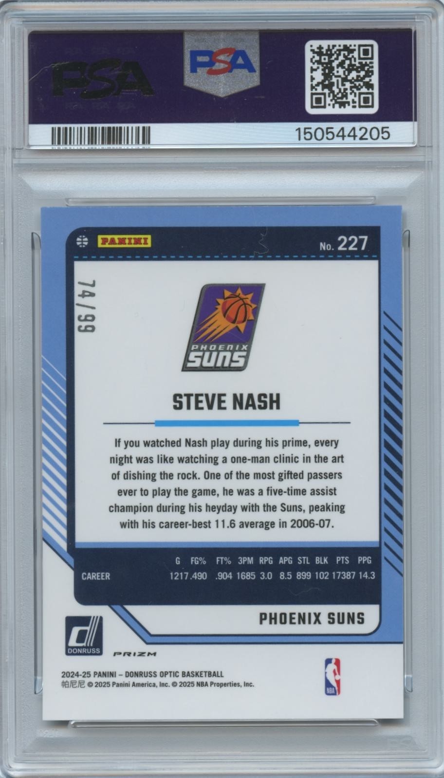 Steve Nash 2024-25 Optic Purple Fast Break Prizm Phoenix Suns 74/99 PSA 10