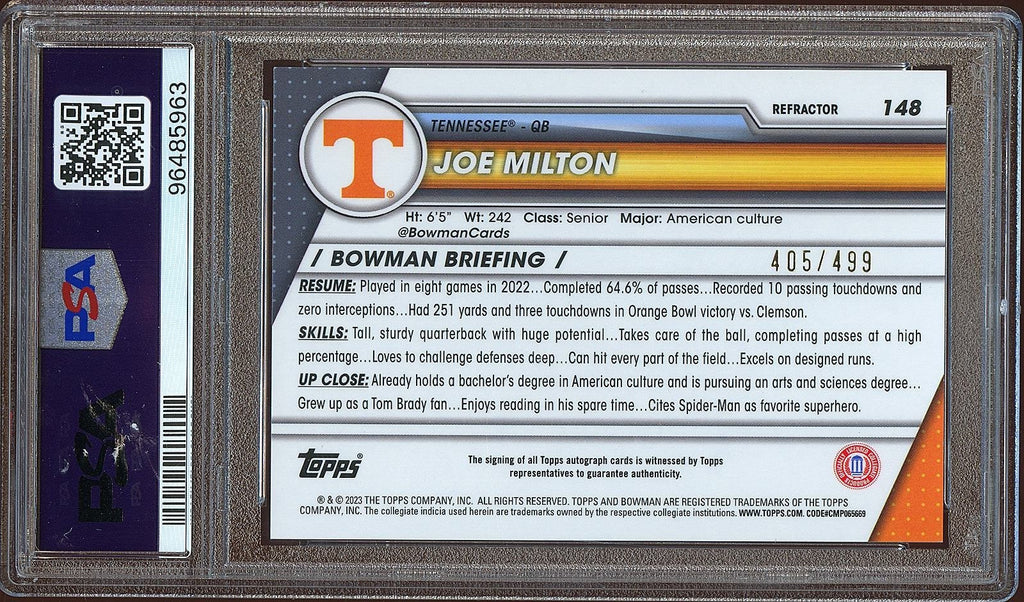 Joe Milton 2023 Bowman Chrome 1st Auto Autograph RC Tennessee Cowboys /499 PSA 9